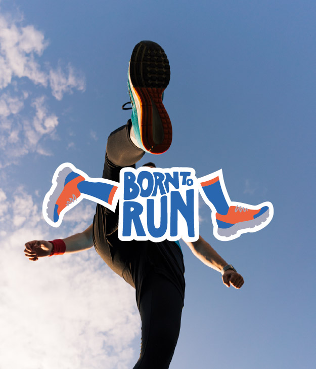 Logo Born to Run, mis en scène sur un fond bleu représentant un coureur