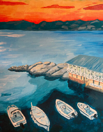 Un tableau représentant le restaurant "L'épuisette" à Marseille, aux couleurs du coucher de soleil