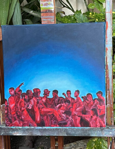 Un tableau acrylique représentant des danseurs, ils sont rouges, et le fond est bleu
