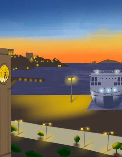 Un dessin numérique représentant le port de la Joliette à Marseille, aux couleurs du coucher de soleil